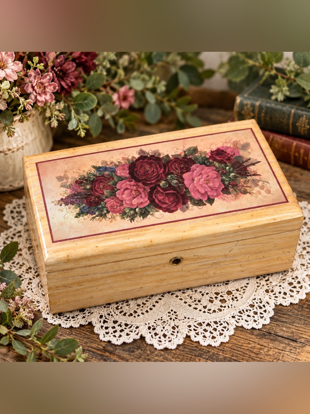 Floral Rose Wooden Keepsake Trinket Box Cottagecore Jewelry Storage